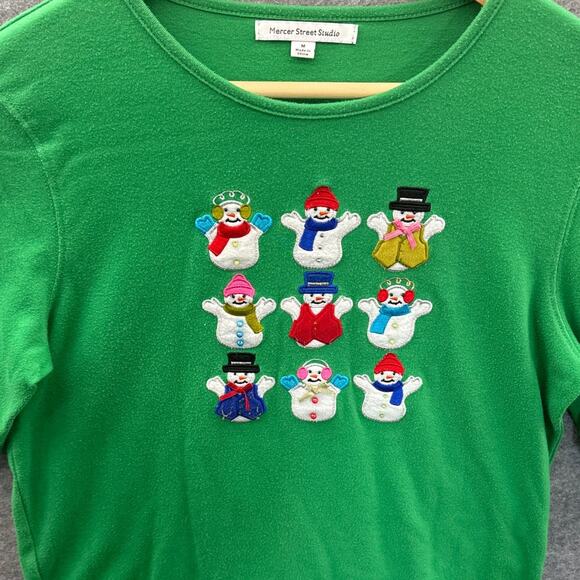 Mercer Street Studio Vintage Green Long Sleeve Snowman Christmas Shirt Women M - Picture 2 of 6